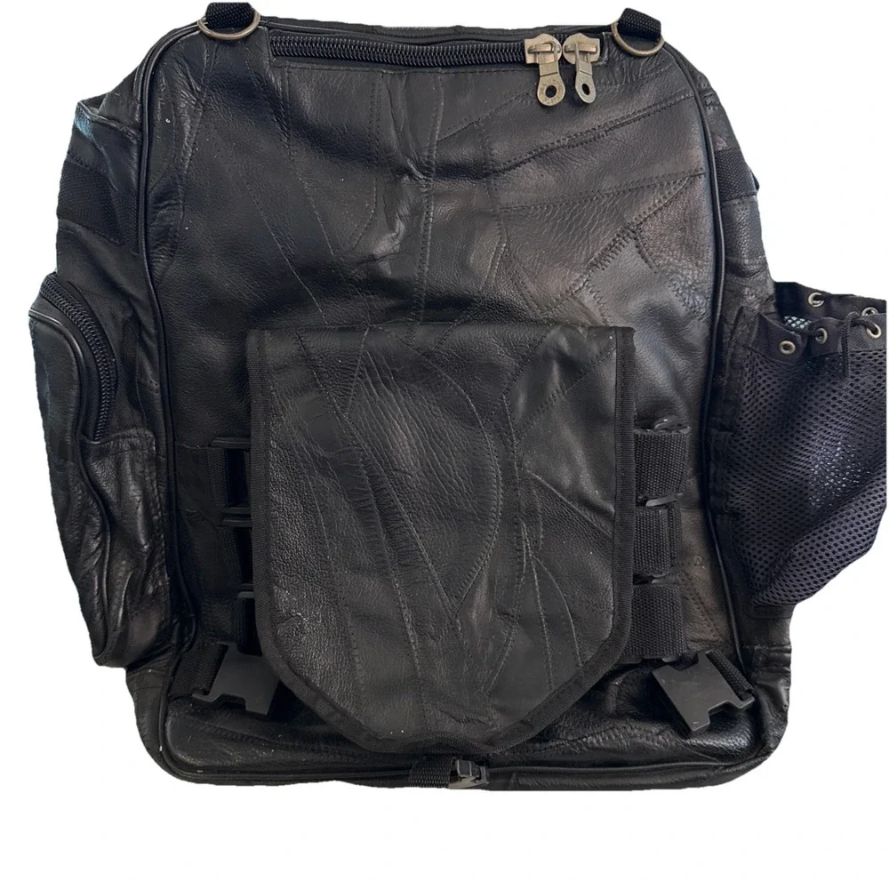 Diamond Plate Buffalo Leather Backpack Great Biker Wear Patchwork Black Zip Clip
